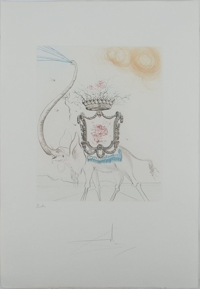 Salvador Dali (1904-1989) Eléphant royal, 1977 Gravure originale à la pointe sèche en couleurs (atelier Rigal) Signée au crayon Justifiée E.A (Epreuve d&rsquo;Artiste) Sur vélin 45 x 31 cm REFERENCES : – Catalogue raisonné Field #76-4 – Catalogue raisonné Michler & Lopsinger #847 Excellent état Expédition obligatoire, jusqu&rsquo;à 5 Lithographies dans votre colis pour 14,76€ TTC en France Métropolitaine, et 29,64€ TTC pour l&rsquo;Europe