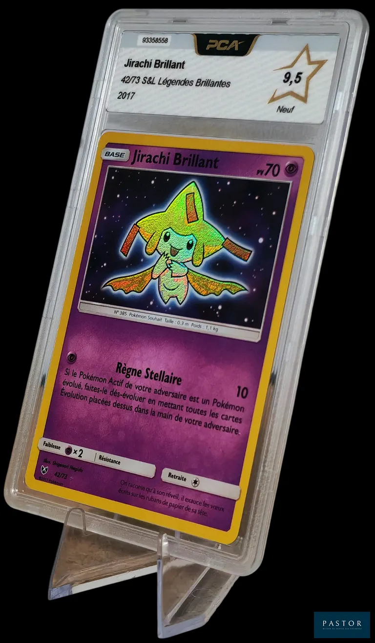 Carte Pokémon gradée Jirachi Brillant 42/73 – PCA 9,5.
Série du bloc Soleil&Lune : Légendes Brillantes.
Carte en état Neuf (PCA 9,5), en français. - TVA Récupérable