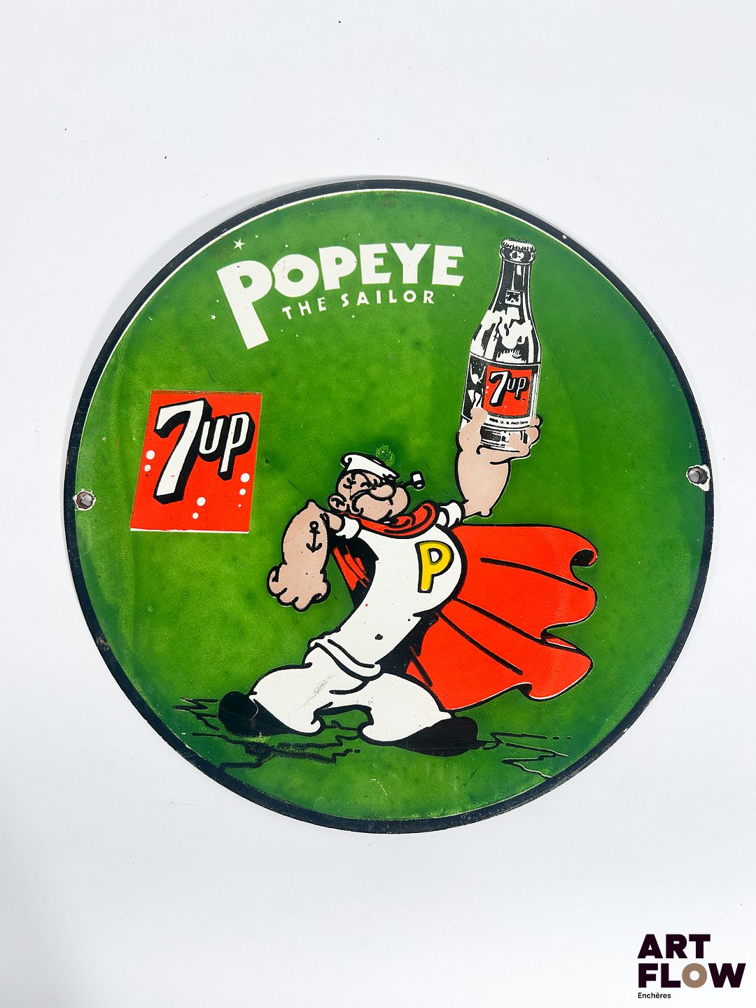 Plaque émaillée ronde Popey Diamètre : 30 cm Petits éclats et traces de rouille Reproduction moderne