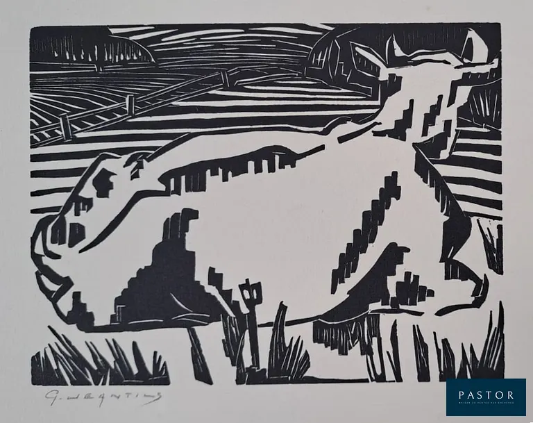 Georges Jeantils
La vache, 1951

Bois gravé sur papier Marais
Signée au crayon par l'artiste
Tiré à 150 exemplaires
Impression par Pierre Bricage en 1951
Dimensions de la feuille : 19 x 26 cm environ
Dimensions de l'image : 10 x 13 cm environ

Très bon état (feuille très légèrement jaunie en bordure)


Expédition obligatoire, jusqu'à 5 Lithographies dans votre colis pour 14,76€ TTC en France Métropolitaine, et 29,64€ TTC pour l'Europe