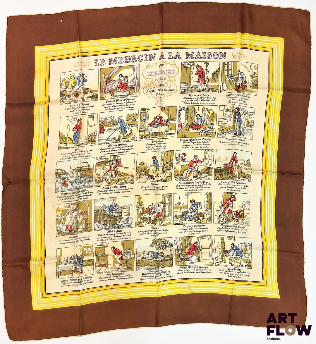 HERMÈS Modèle "Le médecin à la Maison" Carré en twill de soie d'après Hugo GRYGKAR 90 x 90 cm En l'état : trous, usures, taches