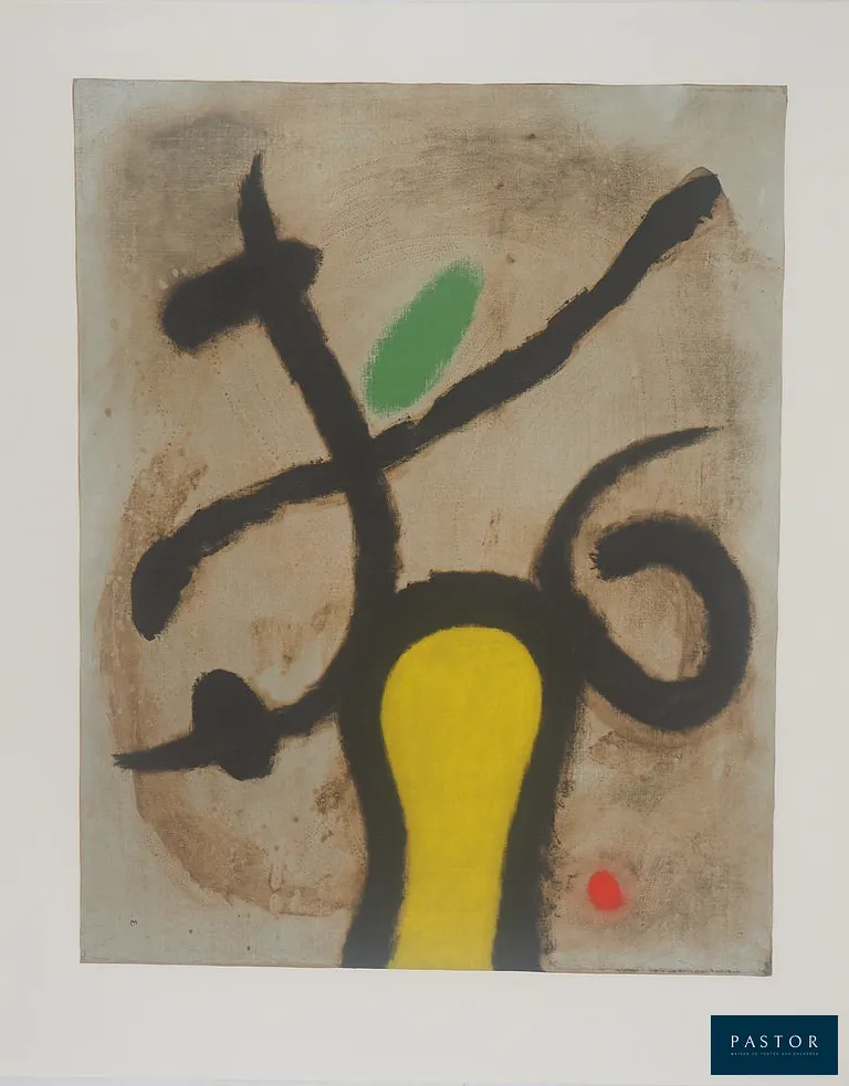 Joan MIRO (1893 - 1983)
Femme et oiseau, 1965

Lithographie en couleurs (atelier Arte / Maeght) d'après un dessin
Signée dans la planche
Sur vélin fin 56 x 45 cm

REFERENCES : Lithographie du portfolio Femmes, tirage limité à 50 exemplaires de luxe

Excellent état


Expédition obligatoire, jusqu'à 5 Lithographies dans votre colis pour 14,76€ TTC en France Métropolitaine, et 29,64€ TTC pour l'Europe