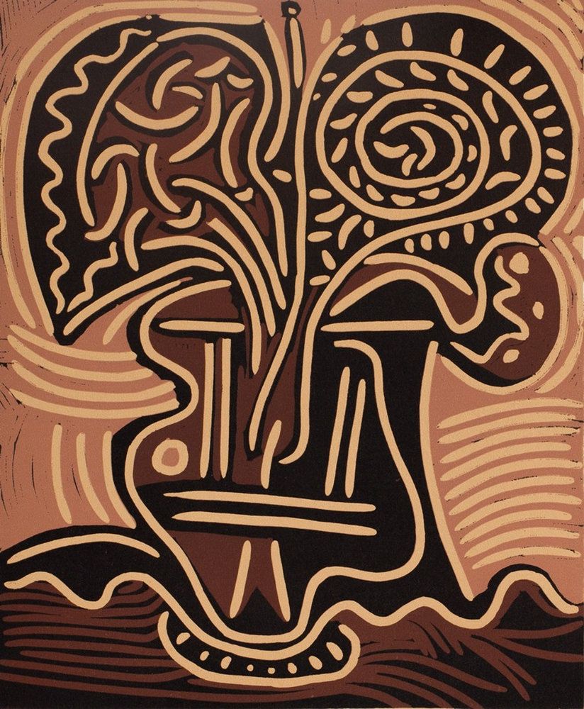 Pablo PICASSO (1881-1973) (d&rsquo;après) Bouquet de fleurs Linogravure en couleurs Sur Vélin 26 x 32 cm Excellent état, rousseurs dans les marges n&rsquo;affectant pas la linogravure INFORMATION : Editée par le Cercle d&rsquo;Art en 1962 sous le contrôle de Picasso, dans les ateliers Arnera (Vallauris) où Picasso à réalisé toutes ses linogravures Expédition obligatoire, jusqu&rsquo;à 5 Lithographies dans votre colis pour 14,76€ TTC en France Métropolitaine, et 29,64€ TTC pour l&rsquo;Europe