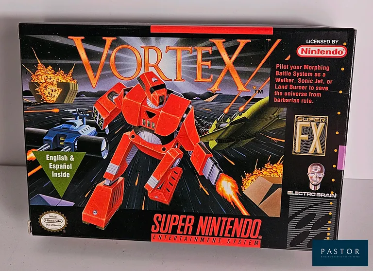 NINTENDO - SUPER NES. Jeu : Vortex. Complet avec boite, notice, cartouche et poster. Version US. TBE. Etat proche du neuf. Sortie : 1993. Action