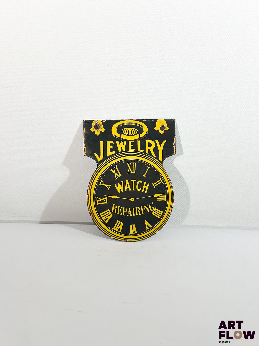 Plaque émaillée Jewelry Watch Repairing Dimensions : 20 x 15 cm Petits éclats et traces de rouille