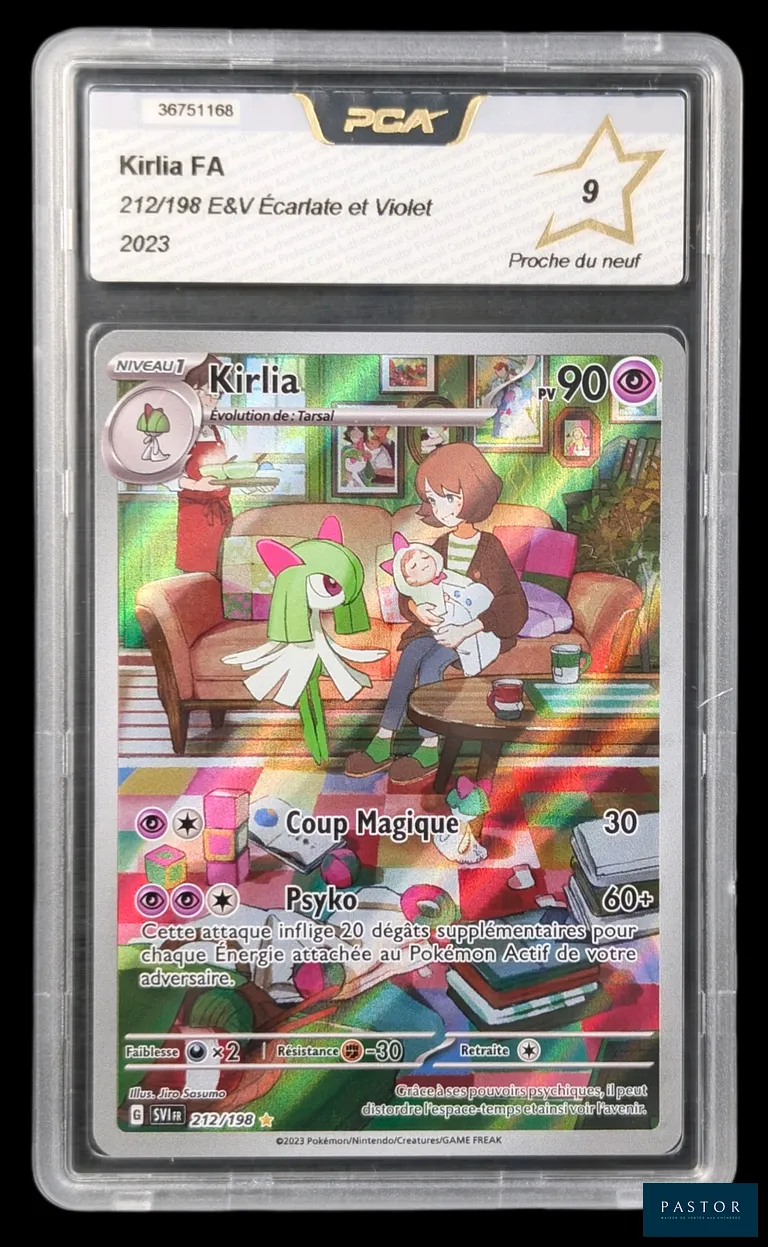 Carte Pokémon gradée Kirlia 212/198 – AR – PCA 9.  
Série du bloc Écarlate&Violet : Mascarade Crépusculaire (EV06).
Carte en état Proche du neuf (PCA 9), en français.