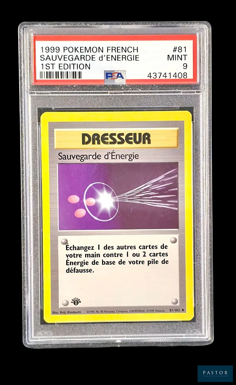 Carte Pokémon gradée Sauvegarde d’Énergie 81/102 – Peu Commune – PSA 9.
Série du bloc Wizards : Set de base Édition 1.
Carte en état Mint (PSA 9), en français.
