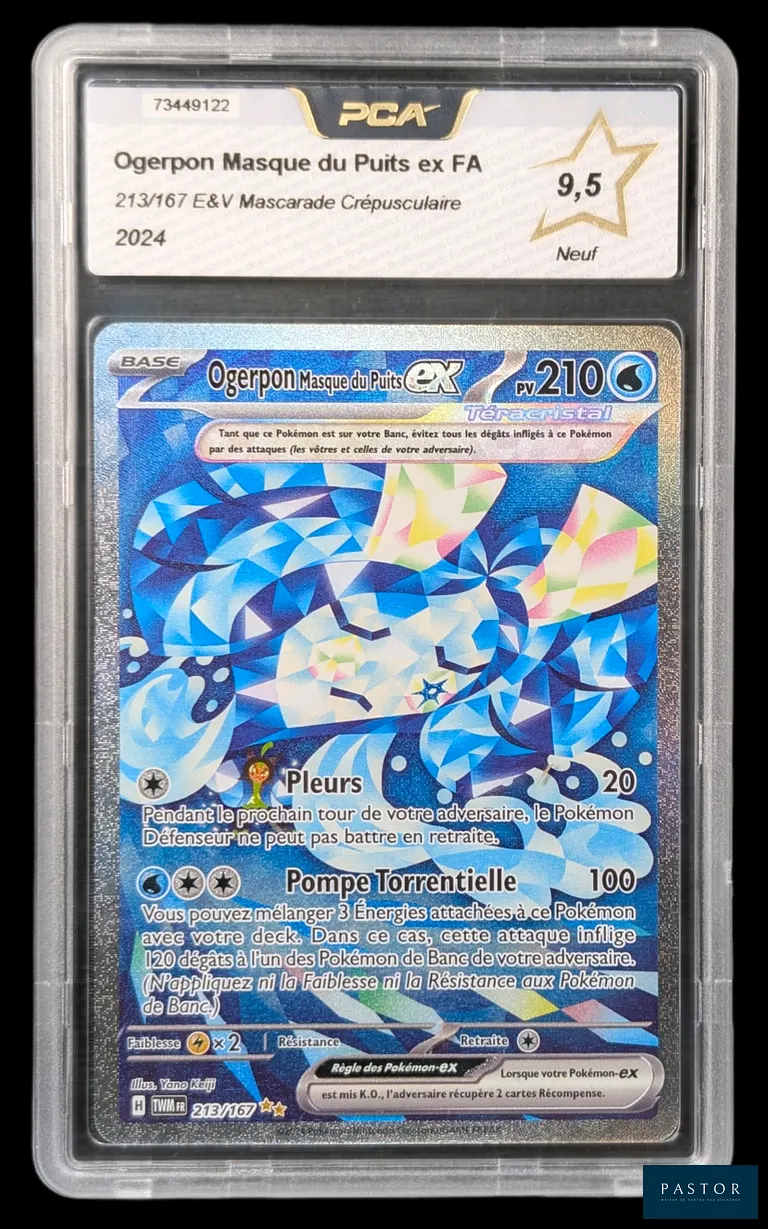 Carte Pokémon gradée Ogerpon Masque du Puits ex 213/167 – Alternative – PCA 9,5.
Série du bloc Écarlate & Violet : Mascarade Crépusculaire (EV06).
Carte en état Neuf (PCA 9,5), en français.