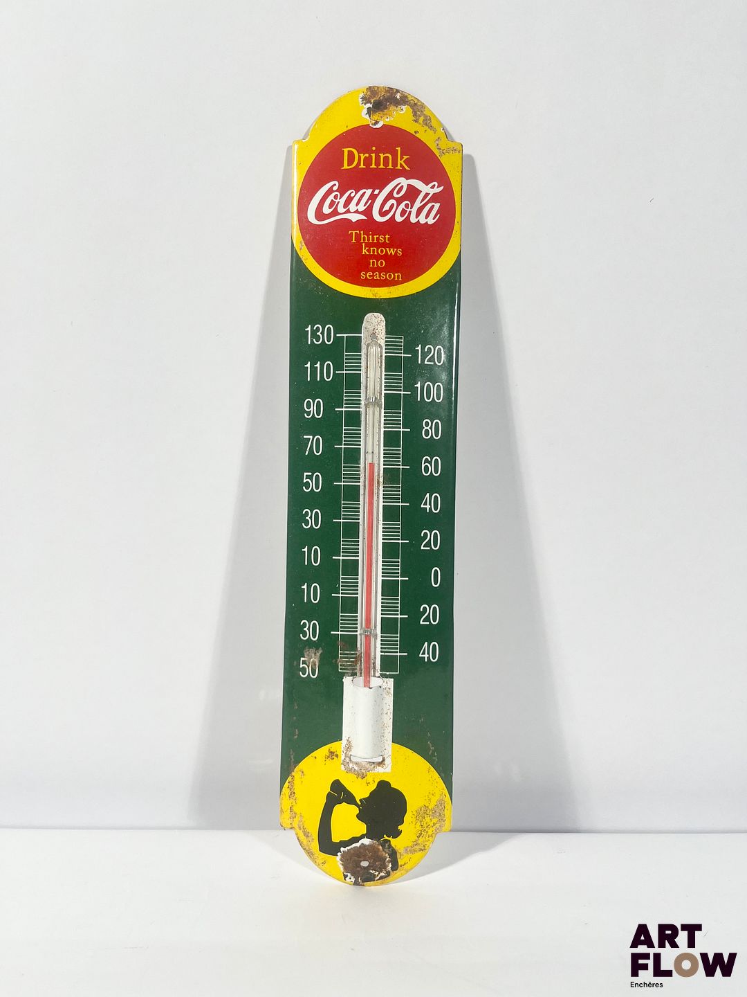 Thermomètre plaque émaillée Coca Cola Dimensions : 30 x 6,5 cm Petits éclats et traces de rouille - moderne