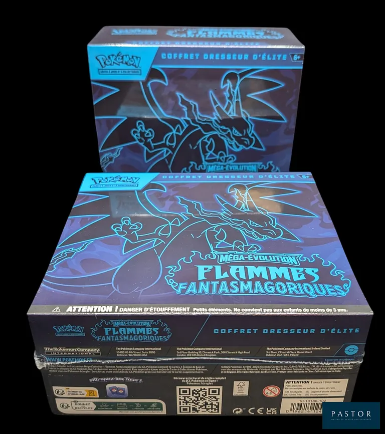 Lot de 2 coffrets Pokémon Elite Trainer Box (ETB) - Série Méga-Évolution : Flammes Fantasmagoriques (ME02).
Scellés, en français. - Neuf - TVA Récupérable