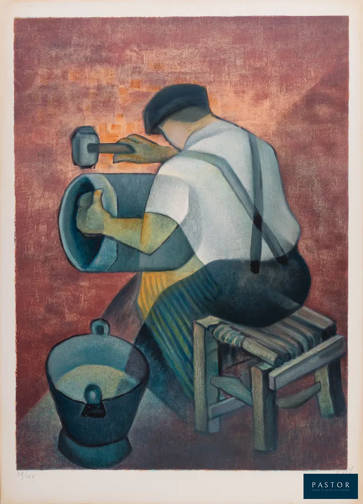 Louis TOFFOLI (1907-1999)
L'étameur : le ferblantier, 1981

Lithographie originale en couleurs
Signée au crayon
Edition limitée à 125 exemplaires (ici le n°38)
Sur Vélin Greysse 54 x 74 cm

Très bon état, salissures dans les marges

REFERENCES : Catalogue raisonné de Perahia n°180 p.129


Expédition obligatoire, jusqu'à 5 Lithographies dans votre colis pour 14,76€ TTC en France Métropolitaine, et 29,64€ TTC pour l'Europe