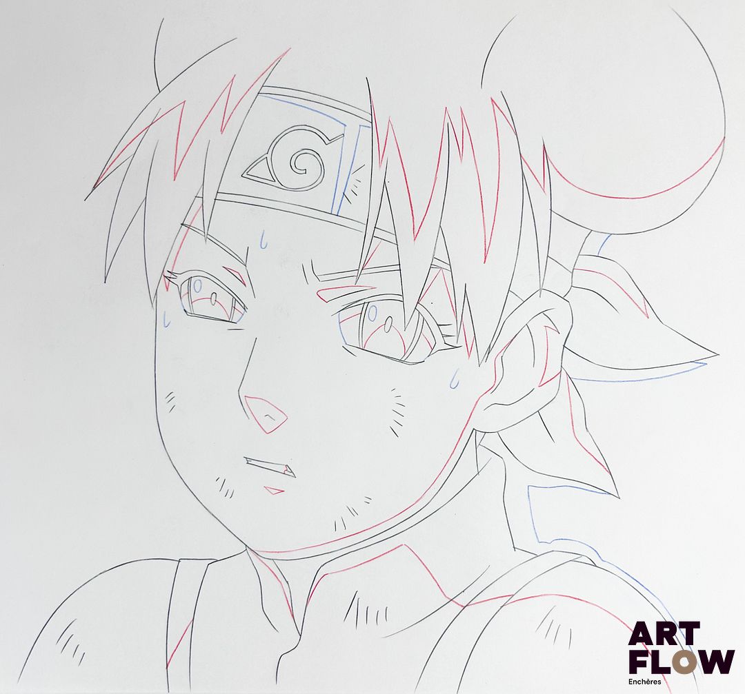 Tenten (テンテン) Crayonné à la mine de plomb et au crayon de couleur représentant Tenten de face Animé japonais d’après le manga Naruto par Masashi Kishimoto. "Tenten est une kunoichi, autrement dit une ninja. Elle fait partie de l'équipe de Shikamaru. Elle est connue en tant qu'experte des armes blanches (kunaï)." Dimensions : 24 x 27 cm