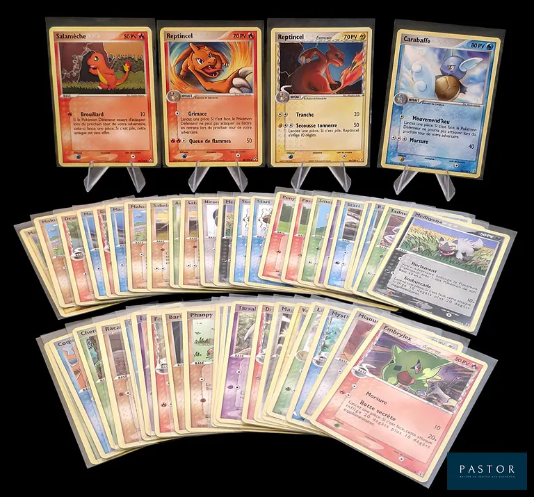 Ensemble de 48 cartes Pokémon - Communes et Peu Communes. 
Séries diverses du bloc Ex : Ex Espèces Delta, EX Créateurs de légendes, Ex Fantômes holons, Ex Gardiens de cristal et Ex Gardiens du Pouvoir. 
Cartes en état global Excellent /Near Mint, en français.