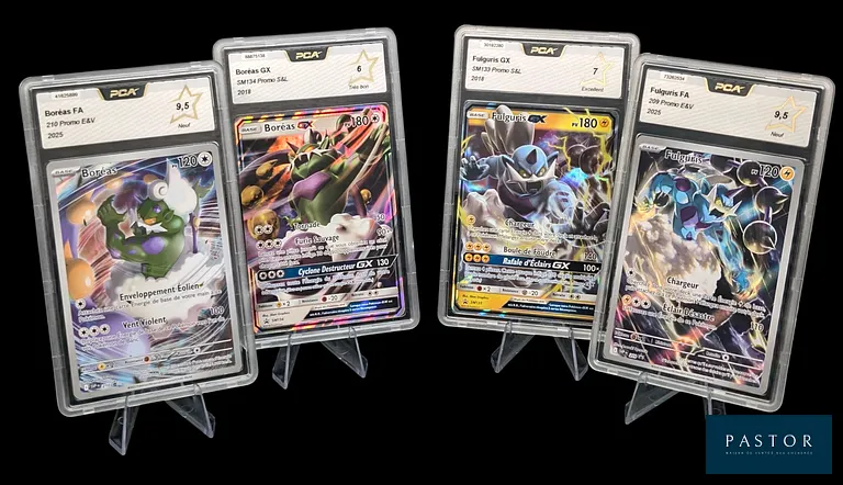 Réunion de 4 cartes Pokémon gradées - GX et Promotionnelles - Collection Boréas et Fulguris - PCA.
Blocs Soleil&Lune et Écarlate&Violet.
Cartes en états Très Bon à Neuf (PCA 6 à 9,5).
En français.