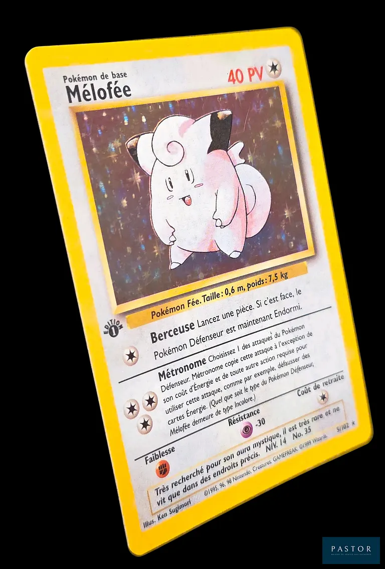 Carte Pokémon Mélofée 5/102 - Holographique. 
Série du bloc Wizards : Set de Base édition 1.
Carte en état Bon/Très bon, en français.
Livrée sous bulles et toploader.