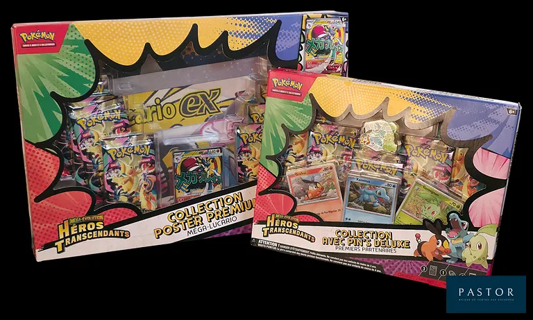 Réunion de 2 coffrets Pokémon scellés.
Série du bloc Méga-Évolution : Héros Transcendants (ME2.5).
- Coffret Collection Poster Premium Méga-Lucario.
- Coffret Collection avec Pin’s Deluxe Premiers Partenaires.
En français.