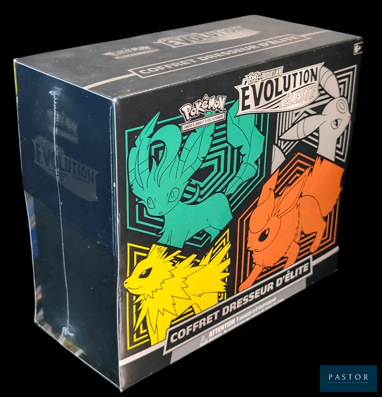 Coffret Pokémon scellé : Elite Trainer Box (ETB). 
Série du bloc Épée&Bouclier : Évolution Céleste (EB07). 
Illustration Pyroli/Voltali/Phyllali/Noctali.
En français.