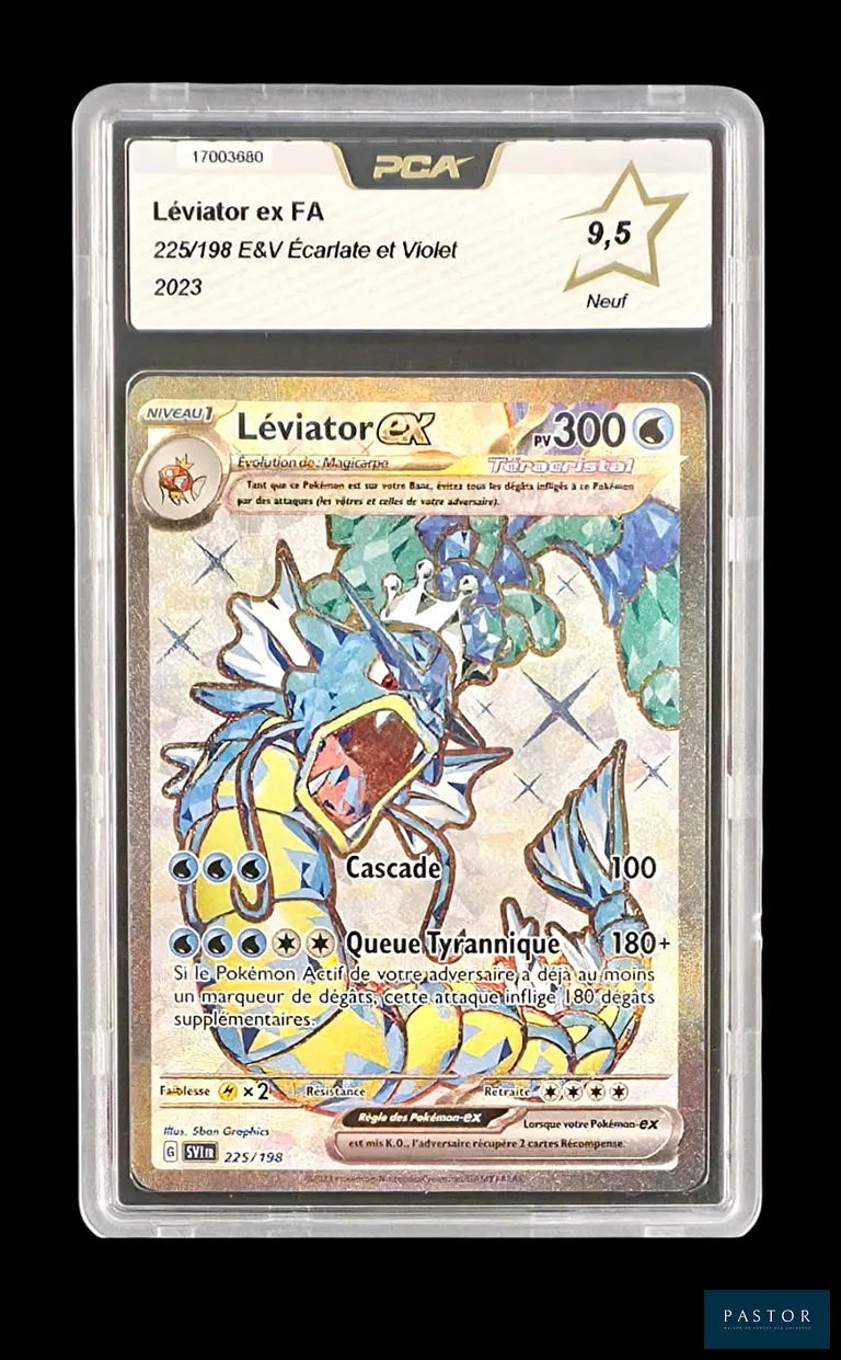Carte Pokémon gradée Léviator EX 225/198 – Full Art – PCA 9,5.
Série Écarlate&Violet (EV01) - 1ère série du bloc. 
Carte en état Neuf (PCA 9,5), en français.