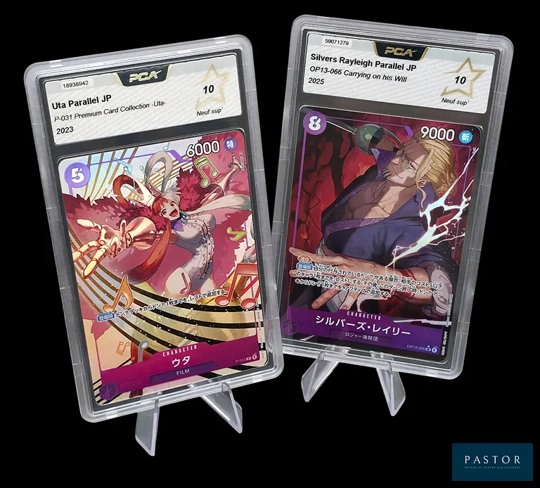 Réunion de 2 cartes One Piece gradées - PCA 10 : 
- Uta P-031 - Promo Premium Card Collection Uta.
- Silvers Rayleigh OP13-066 - SR Alt.
Cartes en état Neuf Sup' (PCA 10), en japonais.