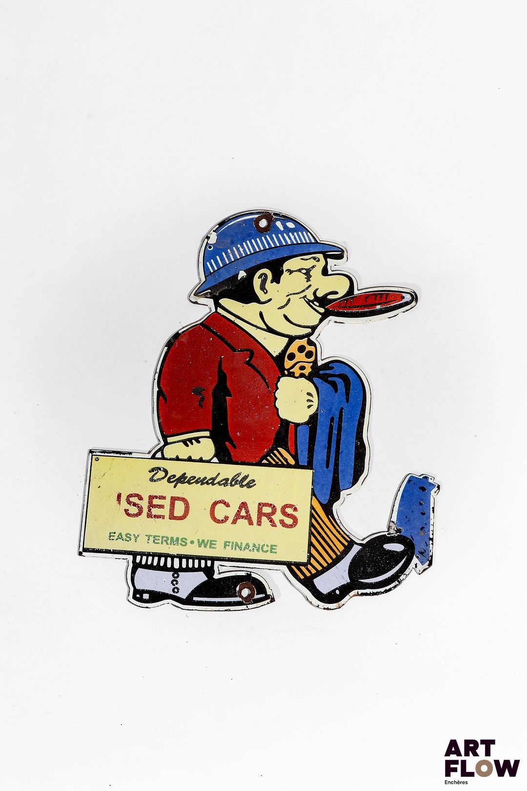 Plaque émaillée Used Cars Dimensions : 26 x 22 cm Pertes à la peinture, traces de rouille