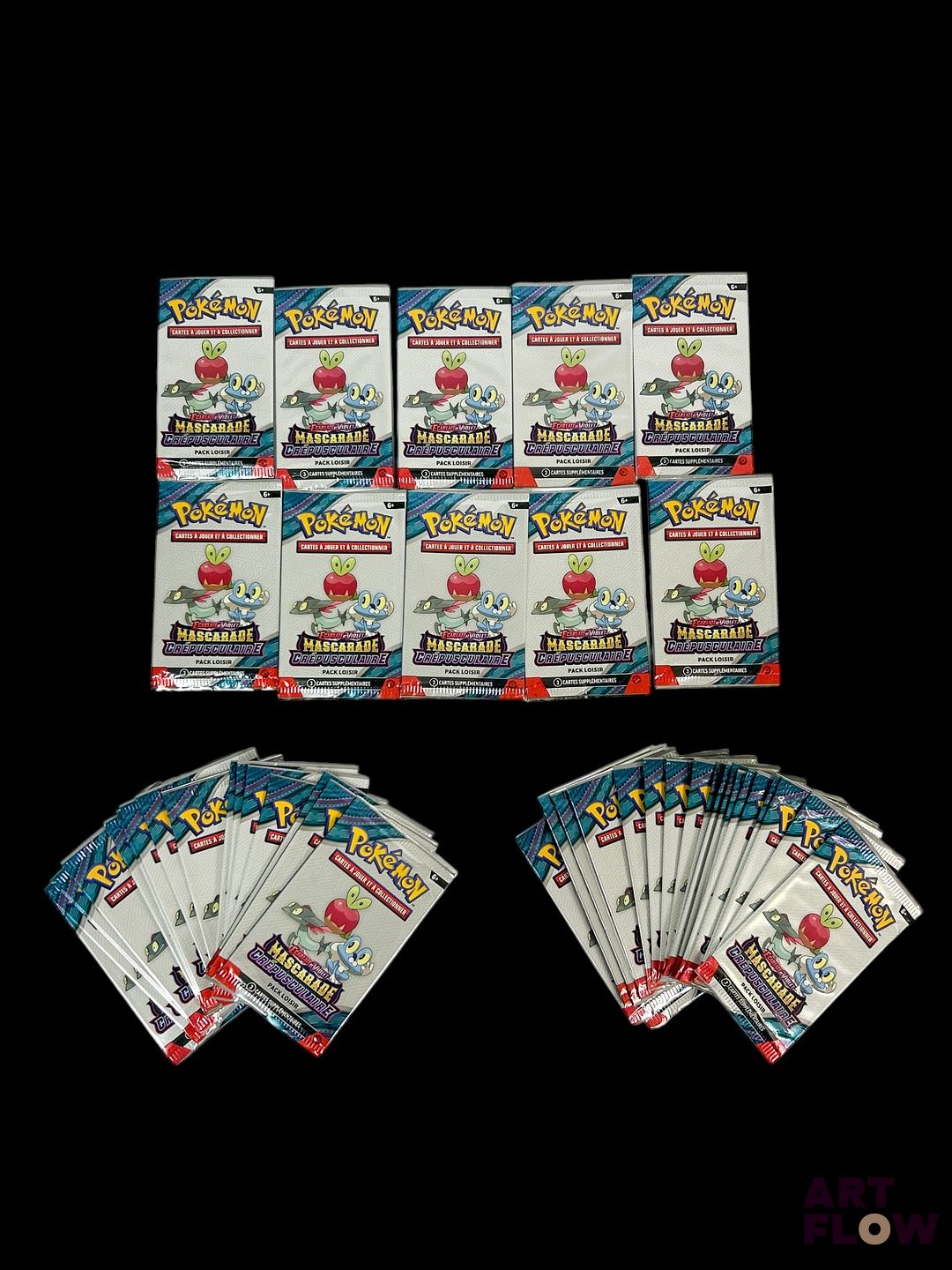 Ensemble de 50 boosters pack loisir Pokémon scellés. Série du bloc Ecarlate et violet : Mascarade crépusculaire (EV06) En Français