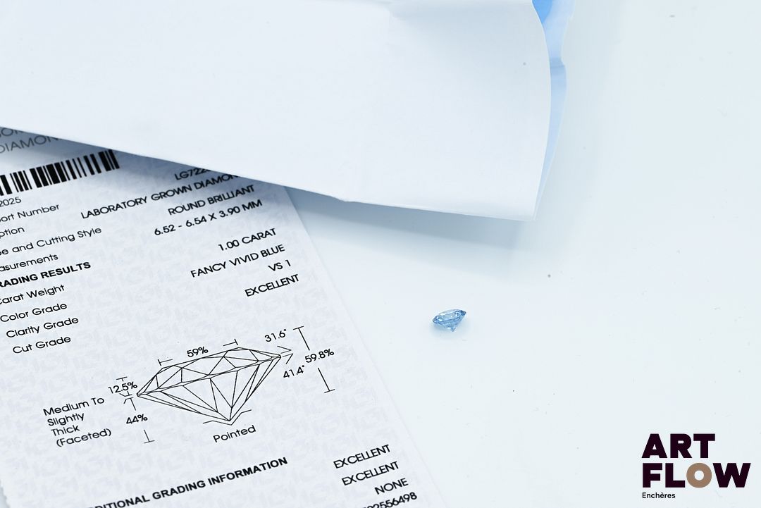 Diamant de synthèse taille ronde de 1,00 carats. Accompagné d'un certificat de laboratoire de l'IGI (international gemological Institute) précisant : Dimensions : 6.52 - 6.54 x 3.90 mm Couleur : Fancy Vivid Blue Pureté : VS 1 Qualité de la taille du diamant : Ideal Fluorescence : aucune