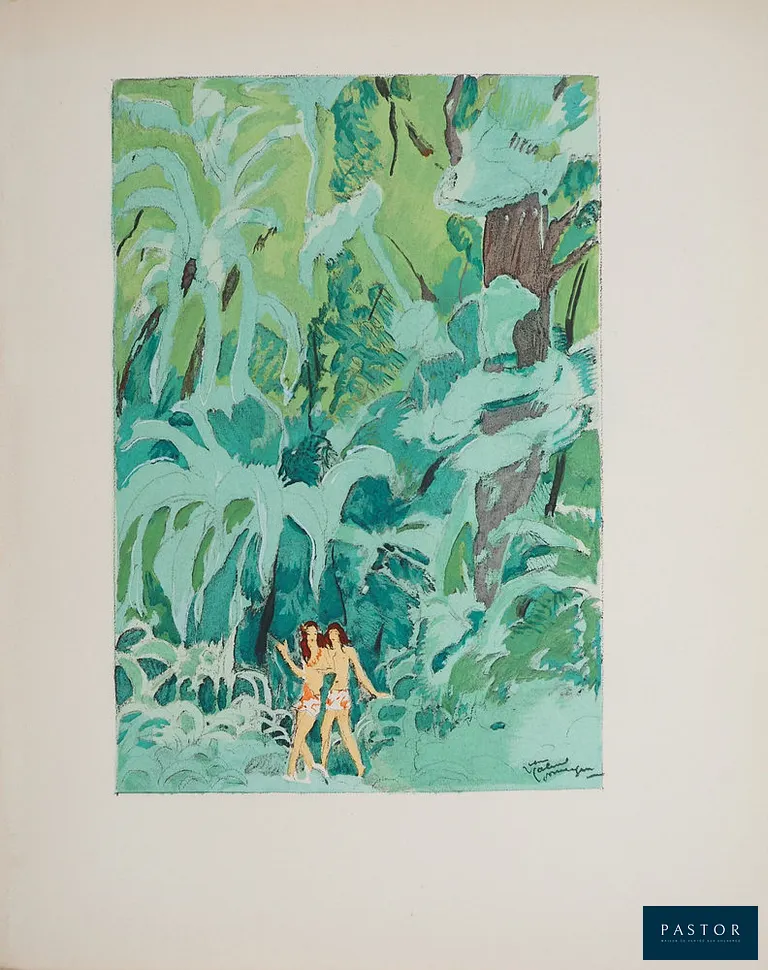 Jean-Gabriel DOMERGUE (1889-1968)
Tahitiennes surprises, 1936

Lithographie et pochoir (atelier Jacomet)
Signée dans la planche
Sur vélin Lafuma 21 x 17 cm

Excellent état


Expédition obligatoire, jusqu'à 5 Lithographies dans votre colis pour 14,76€ TTC en France Métropolitaine, et 29,64€ TTC pour l'Europe
