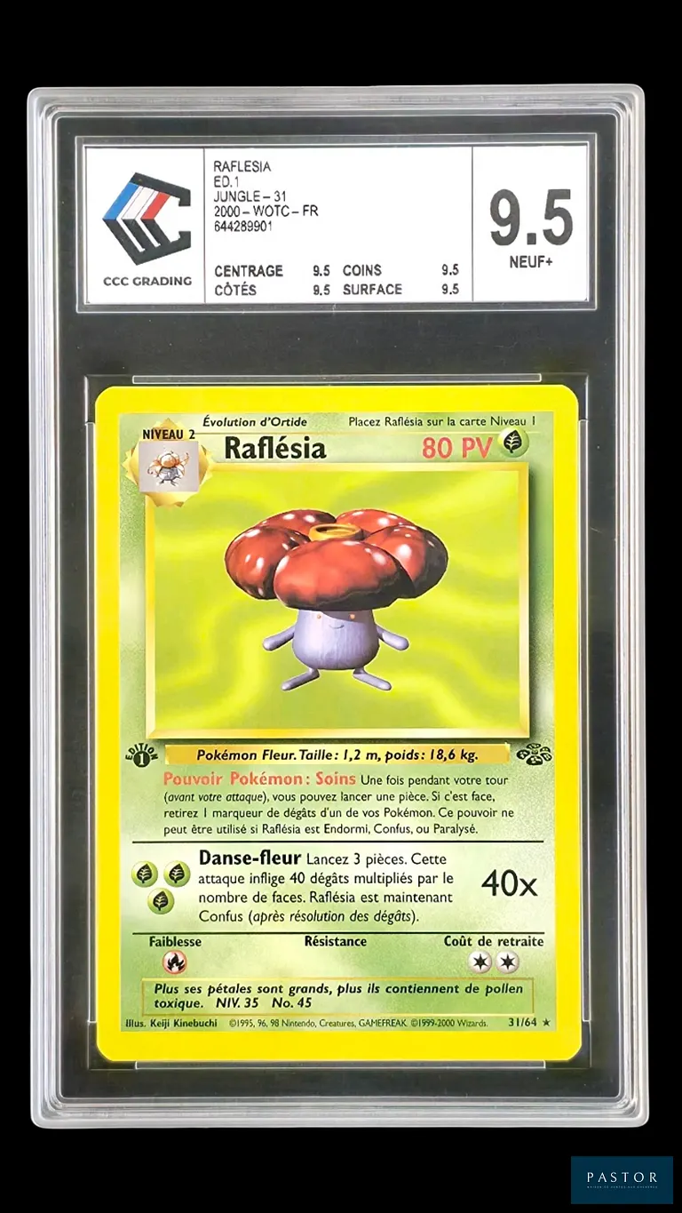 Carte Pokémon gradée Rafflesia 31/64 – Rare – CCC 9,5.
Série du bloc Wizards : Jungle Édition 1.
Carte en état Neuf+ (CCC 9,5), en français.