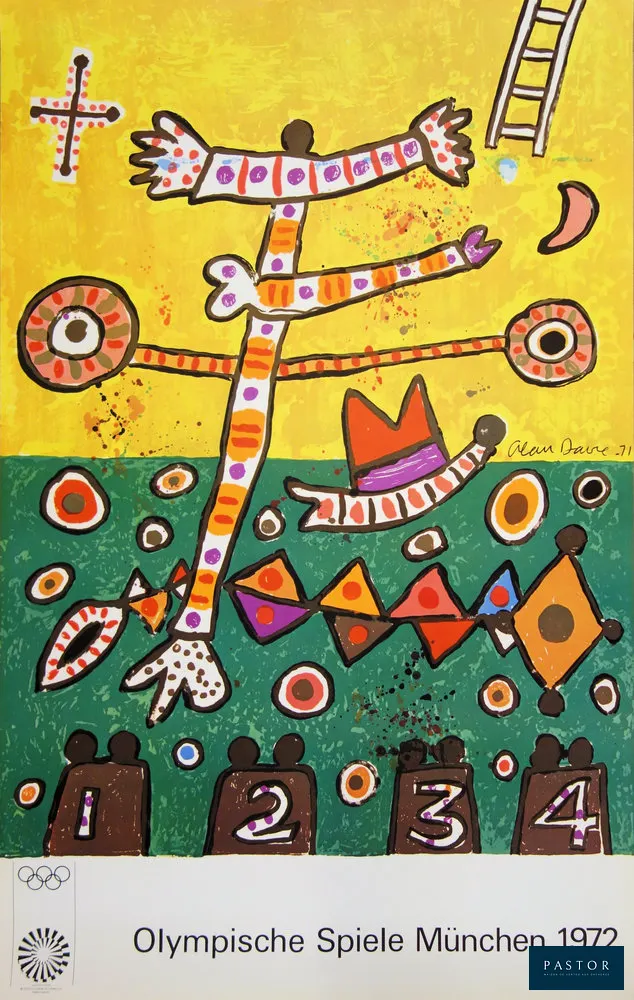 Alan DAVIE (1920-2014)
Fête du sport - JO Münich 1972

Affiche en lithographie originale en couleurs (réédition)
Signée dans la planche
Sur papier affiche 64 x 101 cm

Très bon état, rares petits défauts en bord de feuillet

INFORMATION : Affiche originale éditée à l'occasion des Jeux Olympiques d'été de 1972 à München (Munich, Allemagne). Vingt-neuf artistes ont créé des affiches destinées à promouvoir les Jeux olympiques et à illustrer l'imbrication du sport et de l'art dans le monde entier.


Expédition obligatoire, jusqu'à 5 Lithographies dans votre colis pour 14,76€ TTC en France Métropolitaine, et 29,64€ TTC pour l'Europe