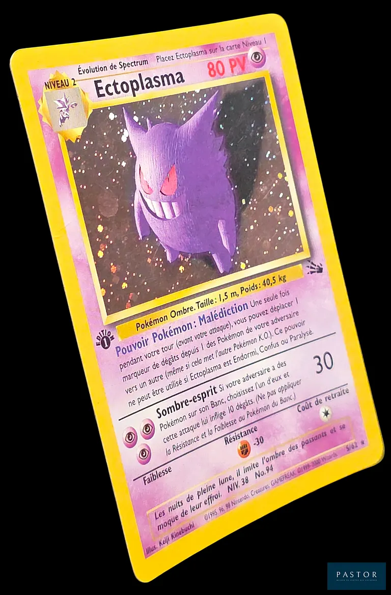Carte Pokémon Ectoplasma 5/62 - Holographique.
Série du bloc Wizards : Fossile édition 1.
Carte en état Excellent, en français.
Livrée sous bulles et toploader.