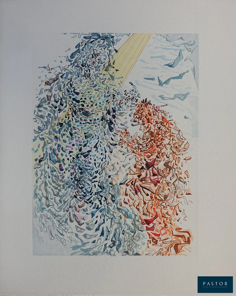 Salvador DALI (1904-1989)
Divine Comédie, Paradis 11, Opposition, 1963

Gravure sur bois
Non signée
Sur vélin BFK Rives 32.8 x 26.4 cm

REFERENCES :
- Catalogue raisonné Field p. 189 à 200
- Catalogue raisonné Michler et Lopsinger #1116

INFORMATION : Editée par Joseph Foret et les Heures Claires, le Divine Comédie illustrée par Dali constitue un des monuments de l'édition et l'une des oeuvres les plus célèbres du Maître. Elle a nécessité la gravure de plus de 3500 bois et près de 4 ans de travail (1960/63) et pour rendre toute la finesse des illustrations créées par Dali.

Excellent état


Expédition obligatoire, jusqu'à 5 Lithographies dans votre colis pour 14,76€ TTC en France Métropolitaine, et 29,64€ TTC pour l'Europe