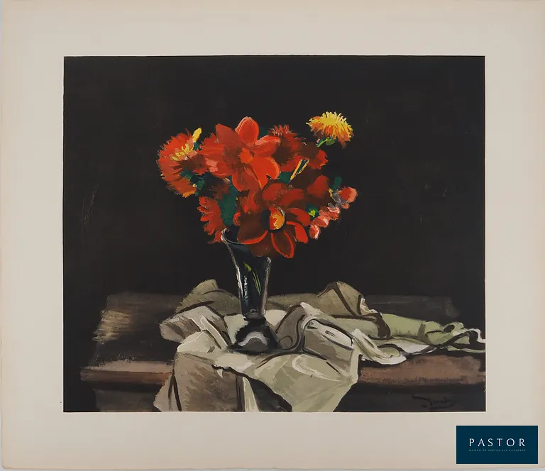 André DERAIN (1880-1954)
Bouquet rouge, 1962

Lithographie réhaussée au pochoir
Signée dans la planche
Sur vélin Arches 49.5 x 58 cm

Excellent état


Expédition obligatoire, jusqu'à 5 Lithographies dans votre colis pour 14,76€ TTC en France Métropolitaine, et 29,64€ TTC pour l'Europe