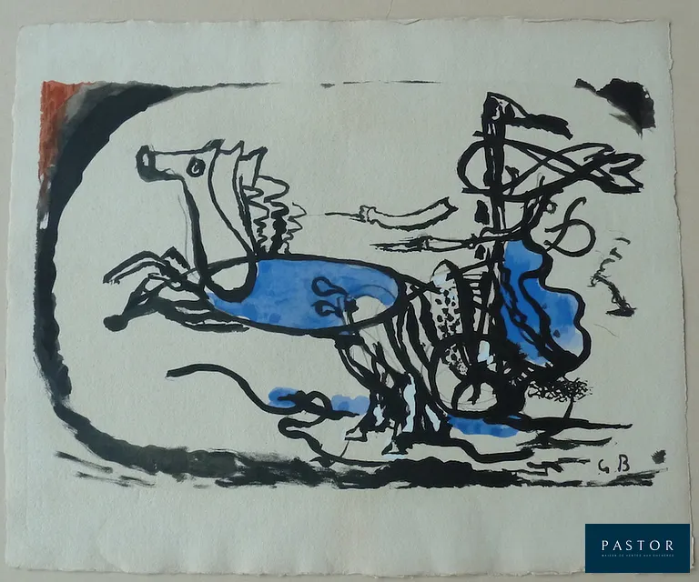 Georges BRAQUE (1882-1963)
Le Char grec, 1957

Lithographie et pochoir (procédé Jacomet) réhaussée au crayon
Signée dans la planche
Sur papier Richard de Bas 49 x 40 cm
Edition limitée à 320 exemplaires

Très bon état, petits défauts dans les marges

INFORMATION : Réalisée pour le portfolio "Espaces" éditée par les éditions Au Vent d'Arles en 1957


Expédition obligatoire, jusqu'à 5 Lithographies dans votre colis pour 14,76€ TTC en France Métropolitaine, et 29,64€ TTC pour l'Europe