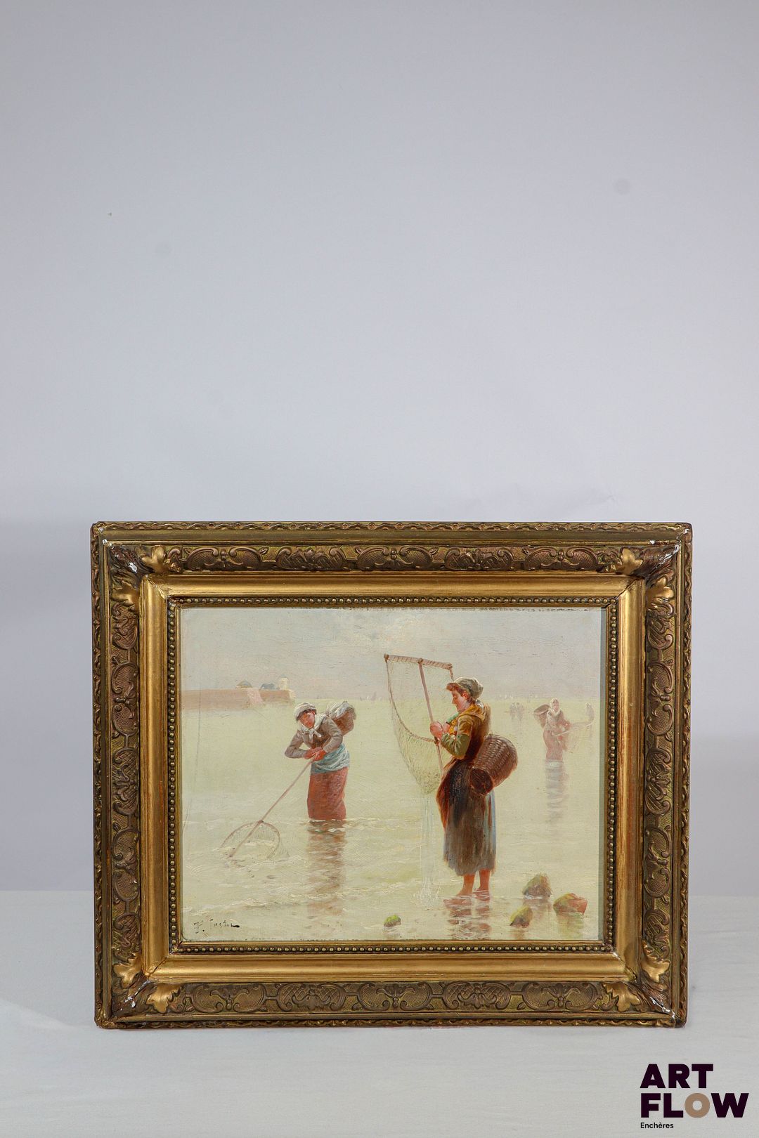 Pierre TESTU Scène de pêche Huile sur toile Signée P. TESTU en bas à gauche Restaurations à prévoir sur le cadre. 31 x 39,5 cm (à vue)