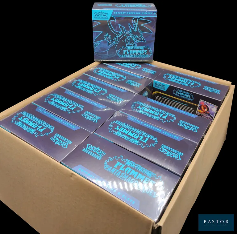Case ouverte de 10 ETB (Elite Trainer Box) de la série du bloc Méga-Évolution : Flammes Fantasmagoriques (ME02)
ETB Scellées, en français. - TVA Récupérable