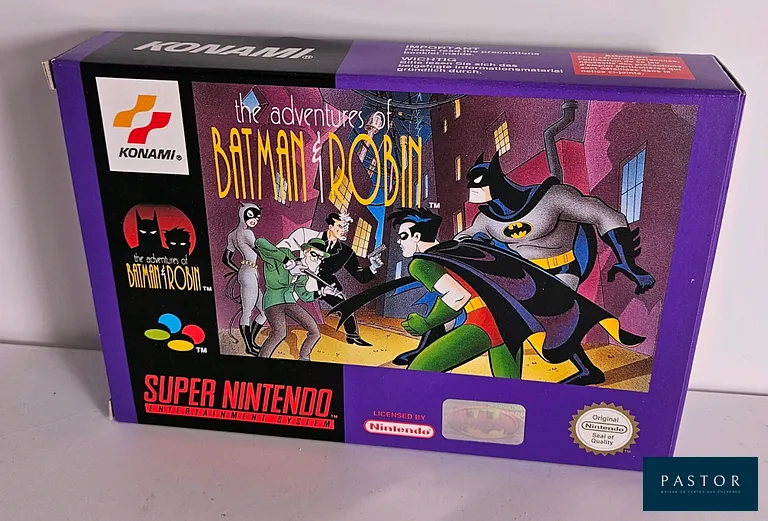 NINTENDO - SUPER NES. Jeu : The Adventures of Batman et Robin. Complet avec boite (Logo), notice et cartouche. Version PAL EUR. Sortie : 1994. TBE. Etat proche du neuf. Rarissime. Plateforme 2D