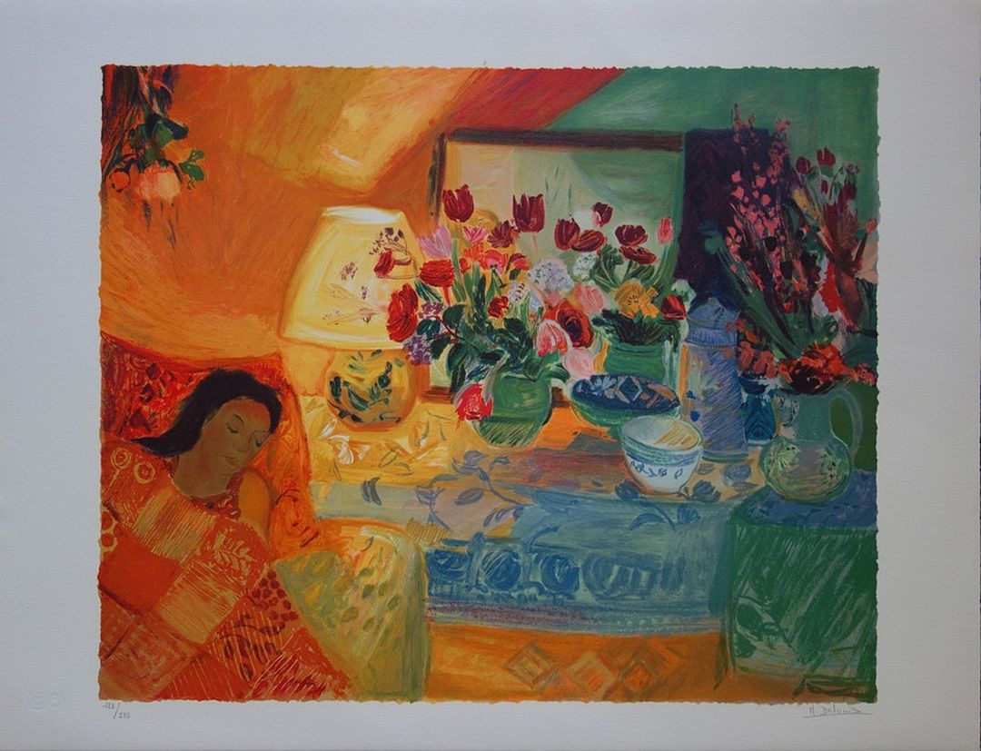 Nancy DELOUIS (1941-) Le repos de la fleuriste Lithographie originale Signée au crayon Numérotée /275ex Sur vélin 58 x 76 cm Excellent état Expédition obligatoire, jusqu&rsquo;à 5 Lithographies dans votre colis pour 14,76€ TTC en France Métropolitaine, et 29,64€ TTC pour l&rsquo;Europe