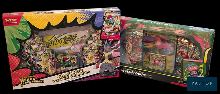 Réunion de 2 coffrets Pokémon scellés : 
-  Coffret Collection Poster Premium Méga-Lucario - Série du bloc Méga-Évolution : Héros Transcendants (ME2.5).
- Coffret Collection Premium Méga-Florizarre EX.
En français.