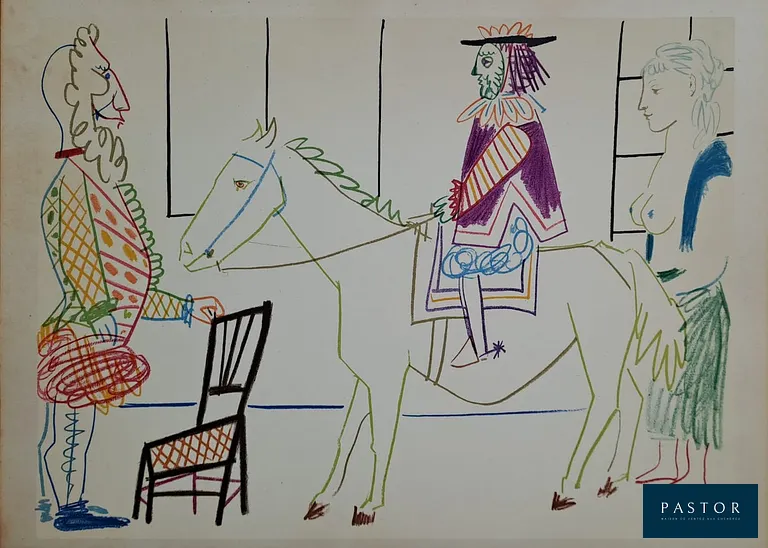 Pablo Picasso (1881-1973)
Le chevalier, la femme nue et le valet, 1954

Lithographie en couleur, sur papier épais
Datée dans la planche et non signée
Imprimée par les ateliers Mourlot, 1954
Dimensions : 26.5 x 35.5 cm

Très bon état, quelques rousseurs dans la marge de gauche

Editée en 1954 pour la revue Verve n° 29-30 : "La comédie humaine, suite de 180 dessins de Picasso".


Expédition obligatoire, jusqu'à 5 Lithographies dans votre colis pour 14,76€ TTC en France Métropolitaine, et 29,64€ TTC pour l'Europe