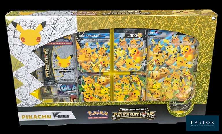 Coffret Pokémon scellé : spécial Pikachu V-Union Célébrations.
Série du bloc Épée&Bouclier : Célébrations (EB07.5) pour les 25 ans de Pokémon.
En français.