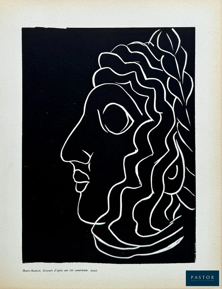 Henri MATISSE (1869-1954)
Profil - tête sumérienne

Gravure, 1944
Non signée
Sur vélin fort format 33 x 24 cm

Très bon état hormis les bords de la feuille légèrement brunie

INFORMATION : Gravure réalisée pour la revue "Cahiers d'art" en 1944


Expédition obligatoire, jusqu'à 5 Lithographies dans votre colis pour 14,76€ TTC en France Métropolitaine, et 29,64€ TTC pour l'Europe