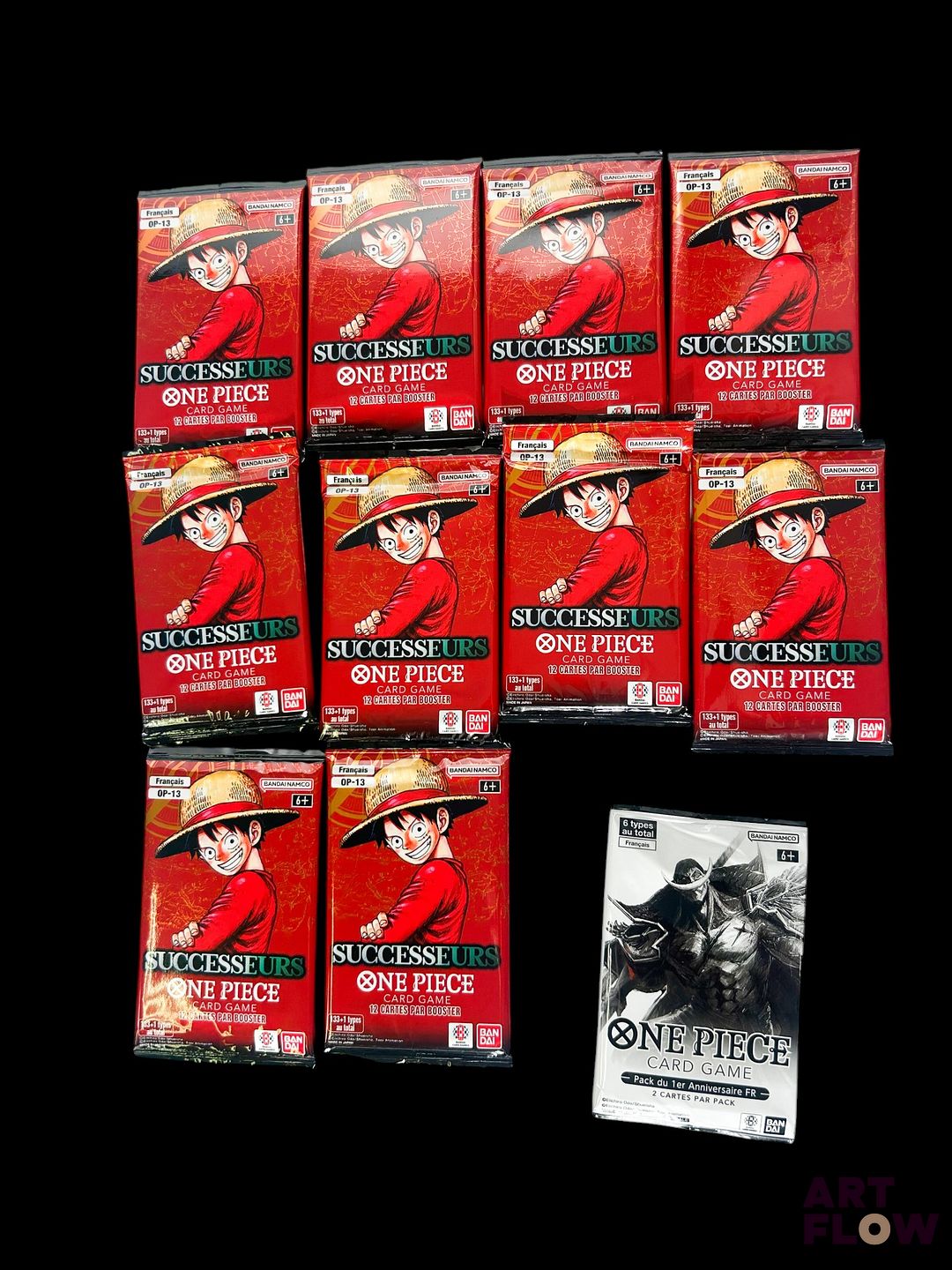 Ensemble One Piece comprenant 10 boosters de la série Successeurs OP-13 et 1 booster Pack du 1er Anniversaire Neuf Scellés En Français