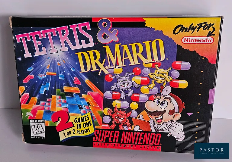 NINTENDO - SUPER NES. Jeu : Tetris & Dr Mario. Complet avec boite, notice et cartouche. Version US. TBE. Sortie : 1994. Reflexion