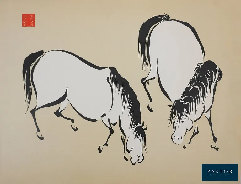 Mokuchu URUSHIBARA (1888-1953)(d'après)
Chevaux paissant, c. 1930

Gravure sur bois sur fond crème d'après un dessin à l'encre
Signée du cachet de l'artiste
Sur papier 28 x 36 cm

INFORMATION : Gravure éditée par Mokuchu URUSHIBARA, également appelé YOSHIJIRO, dans les années 1930 pour la Galerie Michel (Paris). L’œuvre de Mokuchu Urushibara s’inscrit dans le mouvement Sōsaku-hanga, initié par Kōshirō Onchi, où l’estampe est entièrement conçue, gravée et imprimée par l’artiste lui-même.

Excellent état


Expédition obligatoire, jusqu'à 5 Lithographies dans votre colis pour 14,76€ TTC en France Métropolitaine, et 29,64€ TTC pour l'Europe