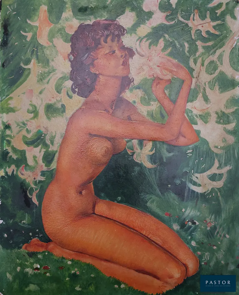 Jean-Gabriel DOMERGUE (1889-1962)
Nu aux Lys

Huile sur panneau isorel
Signée en bas à droite
Sur isorel 41 x 33 cm

Information : Cette œuvre a servi du modèle pour la campagne publicitaire des parfums Rigaud et pour le coffret du parfum "Féerie" (voir photo)

Très bon état, petits défauts en bords de l'œuvre (bien regarder les photos)

Excellent état


Expédition obligatoire, jusqu'à 5 Lithographies dans votre colis pour 14,76€ TTC en France Métropolitaine, et 29,64€ TTC pour l'Europe
