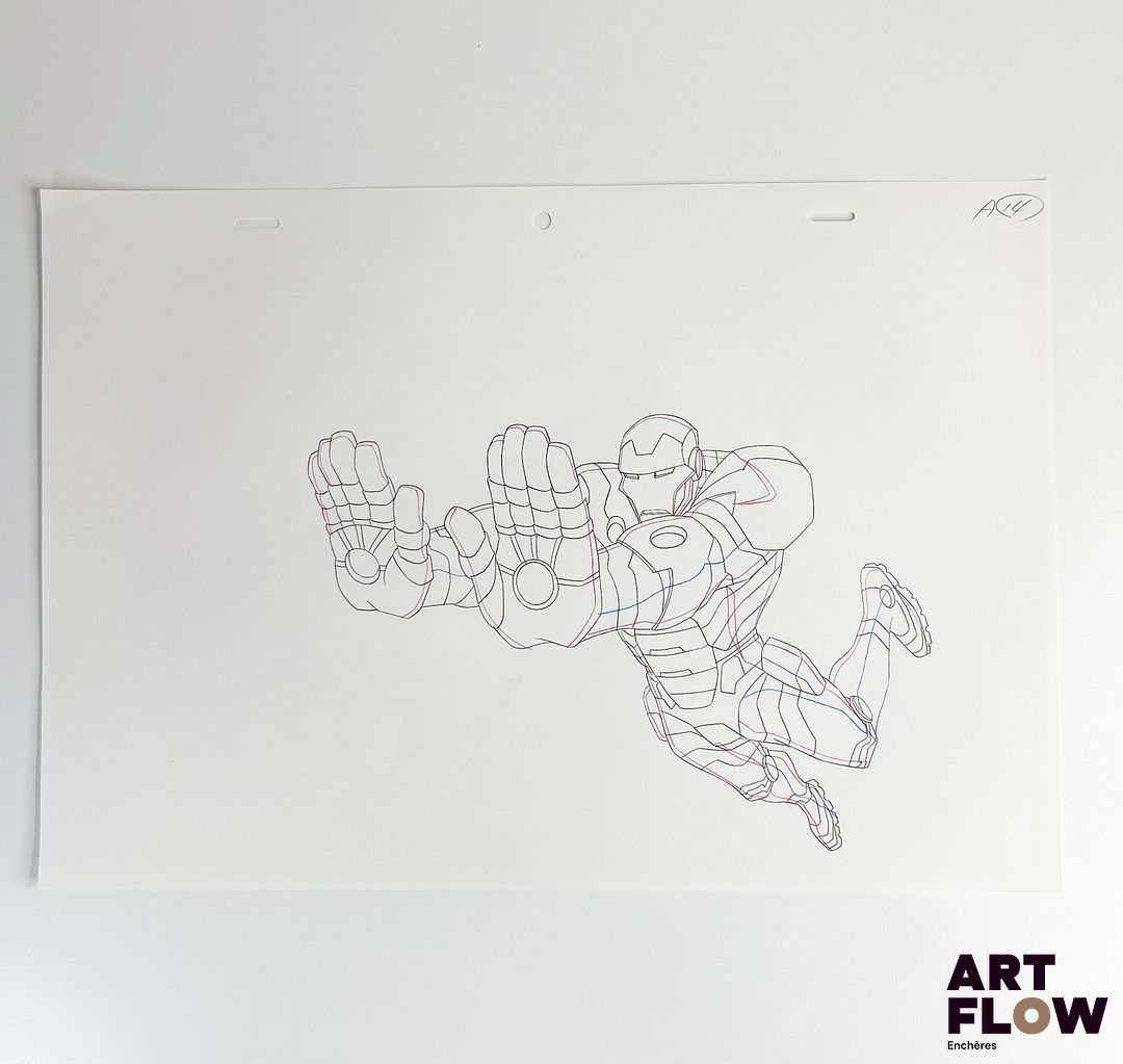 Marvel Comics d'après Don Heck et Jack Kirby Iron Man Dessin à la mine de plomb et crayons de couleur rose et bleu représentant Iron Man en position de combat Personnage de comics américains créé par Marvel Comics "Iron Man, alias Tony Stark, est un inventeur brillant et milliardaire qui protège le monde grâce à son armure high-tech. Courageux et ingénieux, il incarne l’audace, l’intelligence et le sens des responsabilités." Dimensions : 24,5 x 35,5 cm